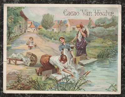 Tarjeta comercial victoriana Van Houten cacao mujeres ropa de lavado en río 5x4 en francés Foto 1 de 2