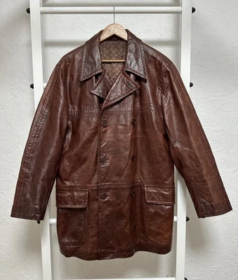 Vintage 1997 Men’s Reiss London Double-Breasted Leather Coat Brown Size L - Image 1 of 4