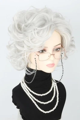 Conjunto de peruca e acessórios fantasia velha senhora branco prateado peruca curta encaracolada vovó - Imagem 1 de 4