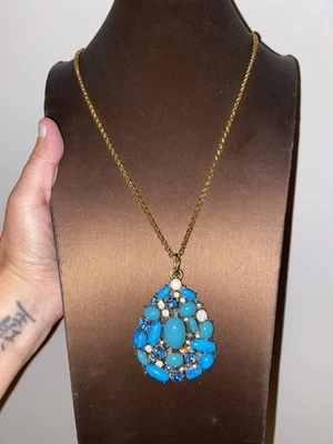 Joan Rivers Necklace 18in Brown Suede Gold Tone Faux Turquoise Brilliant Crystal - Image 1 of 4