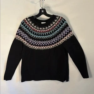 J Jill Sweater Women Small Black Maroon Nordic Fair Isle Knit Winter Pullover - Picture 1 of 6