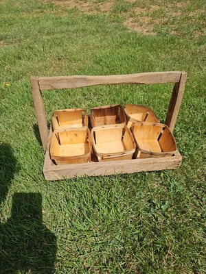 Vintage Hand Carved Strawberry Picking Basket, caddy & Six  1 Qt Wooden Baskets - Image 1 of 4