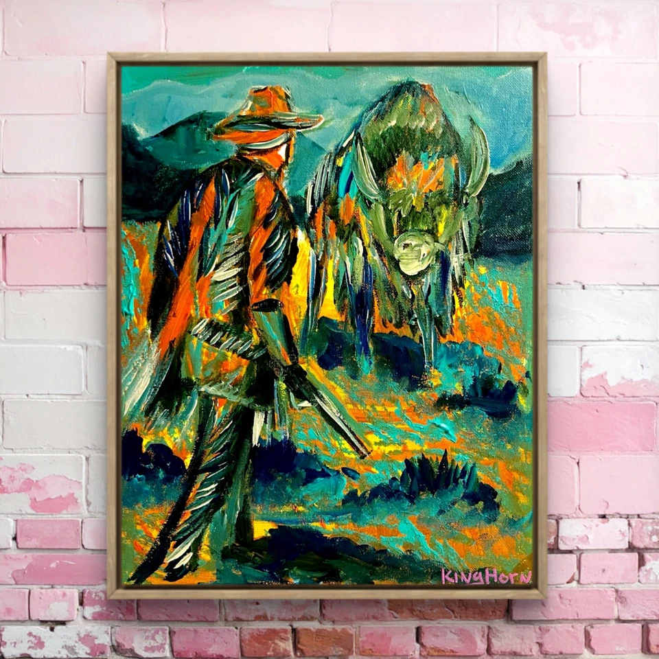 KINGHORN ORIGINAL ARTE OCCIDENTAL BÚFALO VAQUERO SEPARADOR IMPRESIONISMO 11" X 14" Foto 1 de 4
