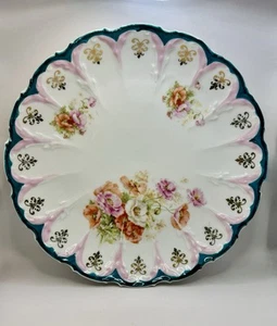 Antique Teal Pink Floral Scalloped Plate w Gold - Hand Painted Decor Germany? - Picture 1 of 14