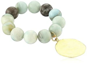 KENNETH JAY LANE, PULSERA ELÁSTICA CUENTAS AMAZONITA CON ACENTO MONEDA ORO SATINADO - Imagen 1 de 2