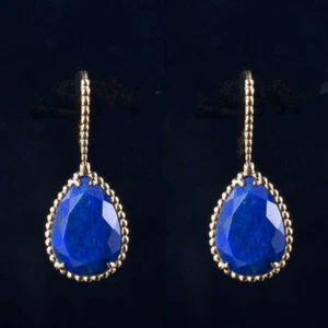 Vintage Natural Pear Blue Lapis Lazuli Drop Solid 14K Yellow Gold Women Earrings - Picture 1 of 6