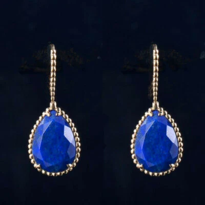 Vintage Natural Pear Blue Lapis Lazuli Drop Solid 14K Yellow Gold Women Earrings - Image 1 of 4