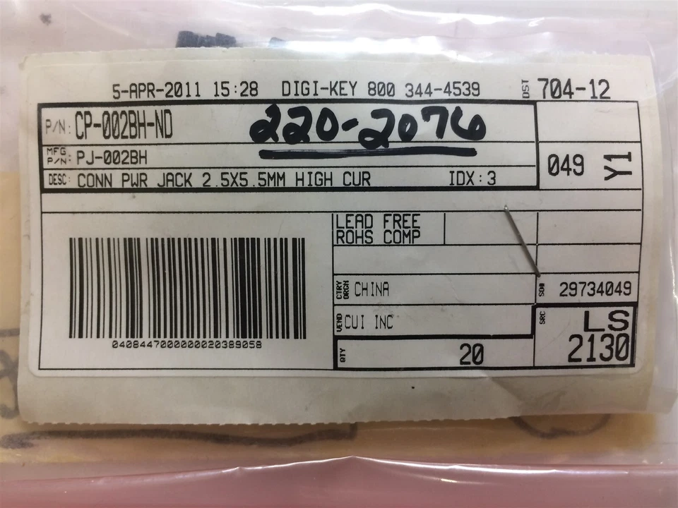 PJ-002BH CUI CONN PWR JACK 2.5X5.5MM SOLDADURA ROHS 15 PIEZAS Foto 1 de 1