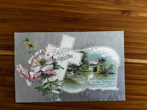 Metallic Embossed Victorian Postcard c.1910 Easter Greeting Cross, Dogwood - Picture 1 of 2