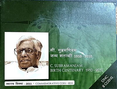 India 2010-H Birth Centenary C Subramaniam Unc Coin Set Of Rs 100 & 5 - Image 1 of 4