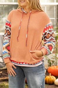 Plus Size Drawstring Geometric Long Sleeve Hoodie - Picture 1 of 8