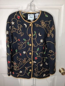 VTG Michael Simon Medium Black Gold Christmas Angel Beaded Button Sweater 1998 - Picture 1 of 6