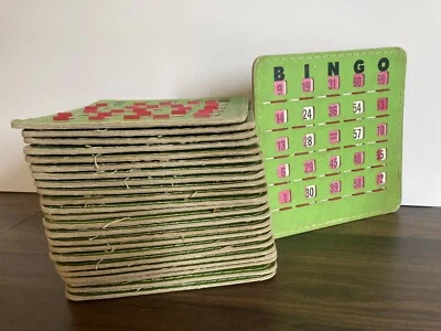 Vtg Lot Bingo Slider Cards (24) Green Boards Red Plastic - Image 1 of 4