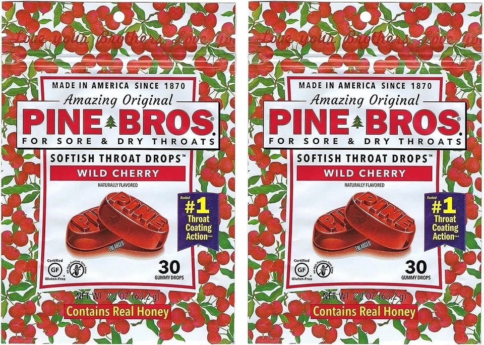 Gotas de garganta Pine Bros Wild Cherry 30 gotas gomosas * Paquete de 2 * Foto 1 de 1