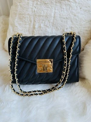 Nuevo con etiquetas Bolso Michael Kors MK Mediano Rosa Acolchado Cuero MD Hombro Solapa Negro $498 Foto 1 de 4