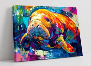 COLOURFUL PAINTING OF MANATEE -PREMIUM DEEP FRAMED CANVAS WALL ART PICTURE PRINT - Picture 1 of 3