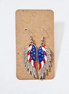 Patriotic America Flag Angel Wings Dangle Earrings - Memorial Day, July 4 - Picture 1 of 1