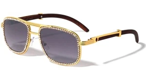 Diamond Sunglasses Square Gradient Black Lens Hip Hop Buffs Shades Wood Grain - Picture 1 of 5