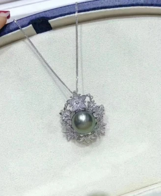 stuning 11-12mm tahitian round black green pearl pendant brooch 925s - Image 1 of 3