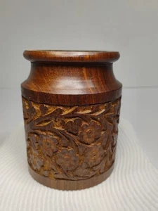 Barattolo vintage in legno intagliato a mano latta 4" India - Foto 1 di 5
