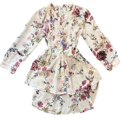 Blusa Esmoquin Floral American Rag Blanco/Borgoña/Rosa Frontal Atado Trasero Talla Pequeña Foto 1 de 4