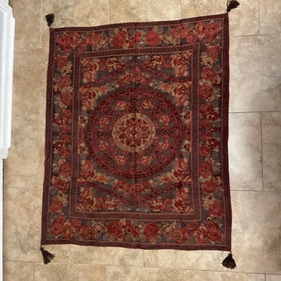 Chenille Throw Blanket 58x44" Red Floral Rayon/Cotton Blend Heavy Fabric Tassels - Image 1 of 4