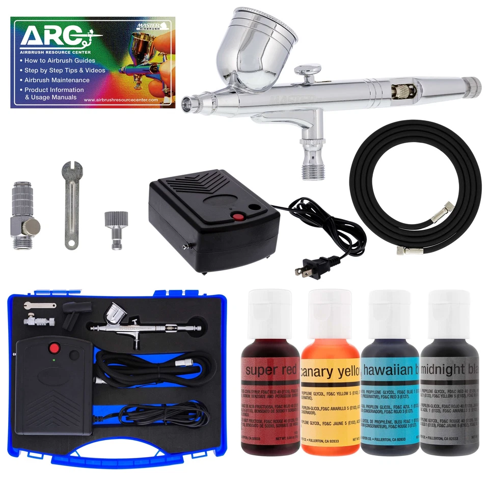 MASTER AIRBRUSH Airbrush Cake Decorating Compressor Kit, 4 Color Chefmaster Food Coloring Set