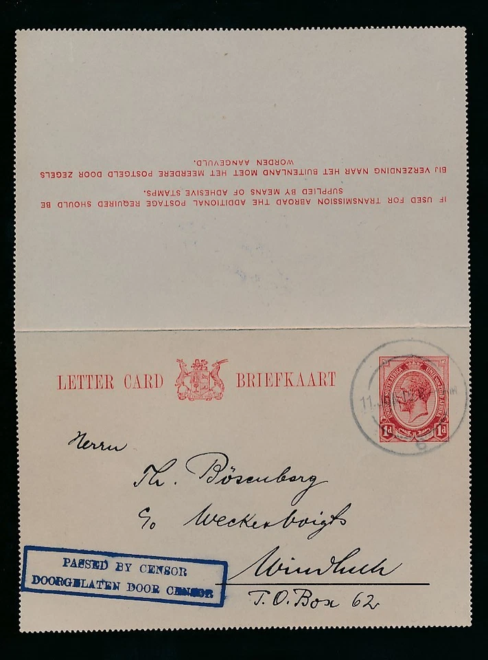 SUROESTE DE ÁFRICA 1915 SA KG5 1d TARJETA DE ESTACIONERÍA CENSURADA... MUDO DR CANCELAR Foto 1 de 1