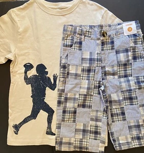 NWT Boys 12 Gymboree ‘YACHT CLUB’ Cotton MADRAS PLAID SHORTS & Football TOP 2pc - Picture 1 of 7