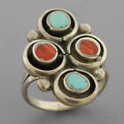 VINTAGE SOUTHWESTERN STERLING SILVER CORAL & TURQUOISE BUBBLE RING SIZE 6