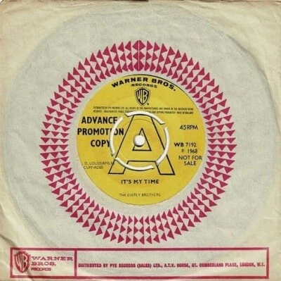 THE EVERLY BROTHERS It's My Time Vinyl Record 7 Inch Warner Bros. 1968 Promo Pop - Image 1 of 4