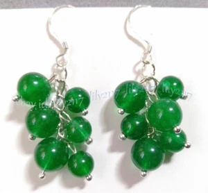 6/10mm Smooth Green Jade Round Gemstone Beads Cluster Dangle Silver Hook Earring - Picture 1 of 6
