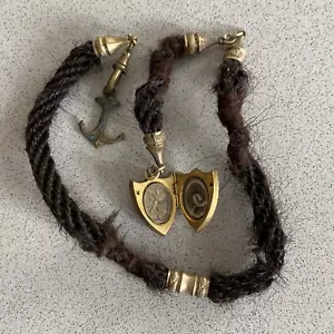 Victorian Mourning Hair Woven Braided Necklace Fob Locket Anchor 4 Leaf Clover - Picture 1 of 24
