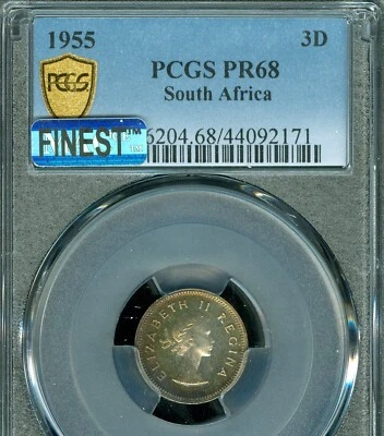 1955 SOUTH AFRICA 3 PENCE PCGS PR68 MAC FINEST GRADE & RAINBOW  * - Image 1 of 2