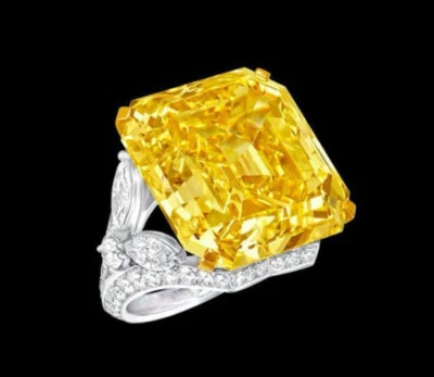 Stunning Large Asscher Cut 10.46CT Yellow Citrine & Clear CZ Solitaire Fine Ring - Image 1 of 3