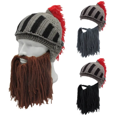 Knit Roman Soldier Warrior Barbarian Knight Beard Beanie Hat Helmet Funny Winter - Image 1 of 4