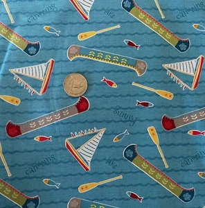 LET'S GO CAMPING, CANOES, SAILBOAT, WATER SPORT BLUE 100% COTTON FABRIC QUILTING - Picture 1 of 1