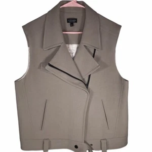 Topshop Womens Moto Jacket Vest Beige Waist Length Zip Stretch Notch Collar 10 - Picture 1 of 12