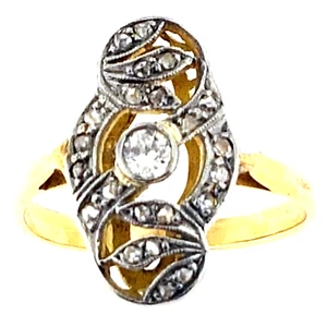 Antique Edwardian~Lady's Platinum+14K Gold~Diamond Set Filigree Openwork Ring~ - Picture 1 of 8