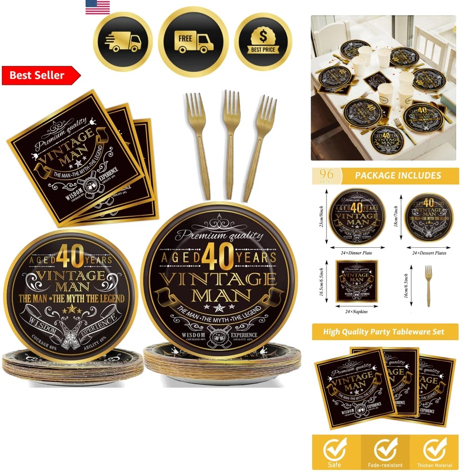 Juego de suministros de fiesta de cumpleaños 40 vintage para hombres 24 invitados platos de papel servilletas Foto 1 de 4