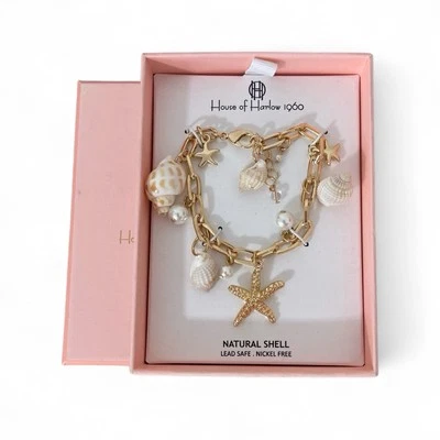 Pulsera Viral House Of Harlow 1960 Dije Clip Estrella de Mar Concha de Mar Perla Dorado Foto 1 de 4