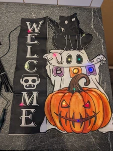 Solar Light-Up Welcome Sign Halloween Flag - Ghost & Pumpkin BOO Lights - Picture 1 of 5