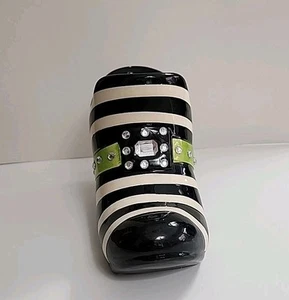 Ceramic Witch Boot Candle Holder Black White Stripes w Rhinestones Halloween - Picture 1 of 9