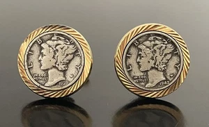 Mercury Dime Cufflinks 90% Silver in Gold Plated Sterling Silver Bezel - Picture 1 of 3