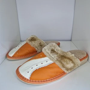 Women Leather Slippers Size UK 8 EU 41 Fur Trim Lining Orange White Warm Cosy - Picture 1 of 5