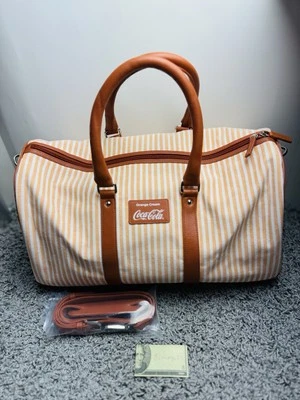 Bolsa de viagem HTF Coca-Cola rara lona laranja creme listrado zíper couro 18"" - Imagem 1 de 4