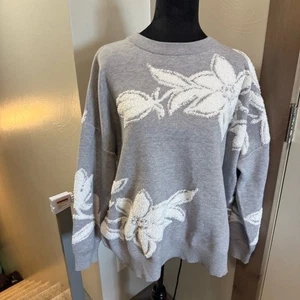 Nicole Miller New York Grey White Chenille Floral Pullover Sweater Crewneck 2X - Picture 1 of 7