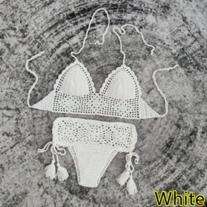 Handmade Crochet Bikini Set Lining Vintage Crop Top Women Beach Swimsuit Suit - Picture 1 of 15
