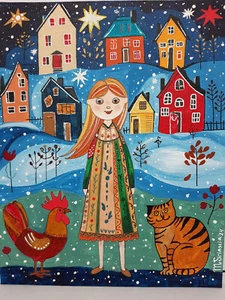 Easter SALE!!!Mystery Christmas original acrylic on a canvas board handmade gift - Picture 1 of 7