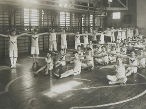 20s GYM CLASS Boys Gymnasium WORKOUT School Antique Cabinet Card PHOTO Exercise - Picture 1 of 6